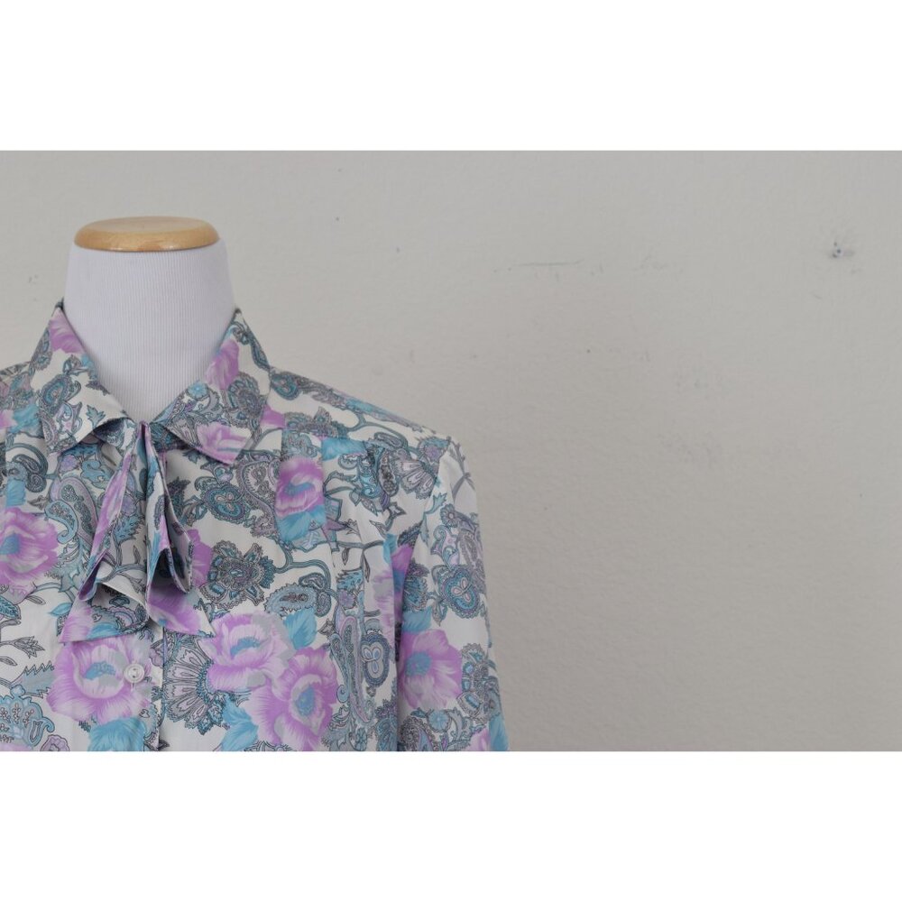 Vintage 70s Floral‎ Paisley Pastel Secretary Blouse / Detachable Bow - Picture 9 of 10